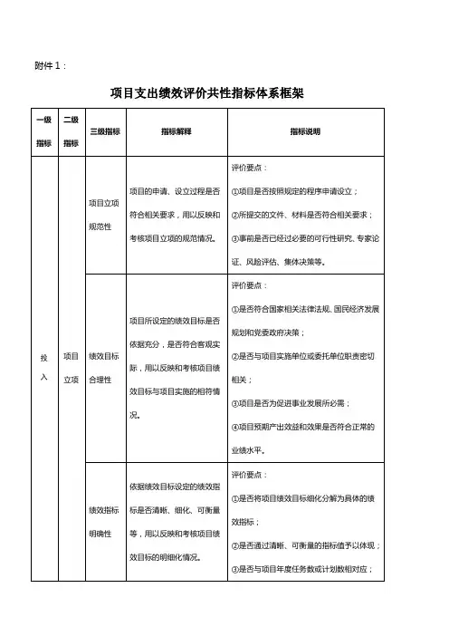 项目支出绩效评价共性指标体系框架