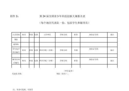 第24届全国青少年科技创新大赛报名表每个地区代表队一份,包括学生和辅导员