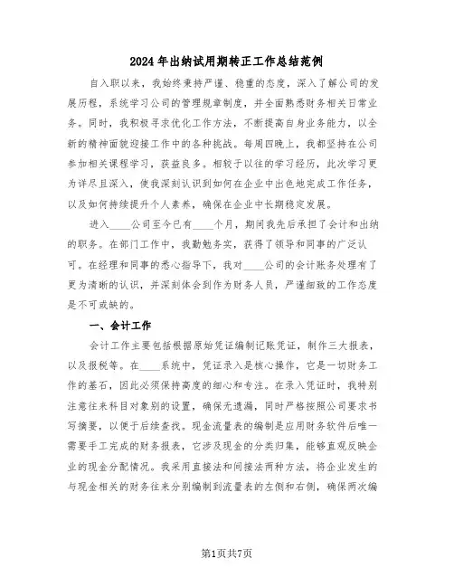 2024年出纳试用期转正工作总结范例（四篇）