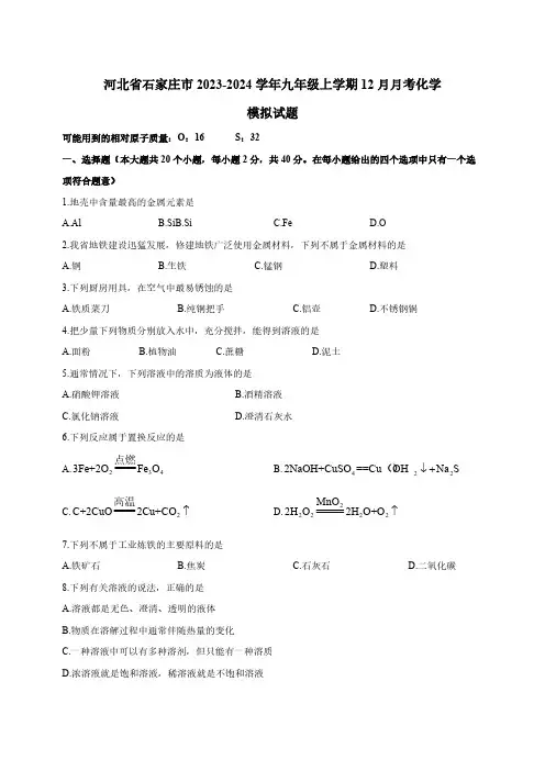 河北省石家庄市2023-2024学年九年级上学期12月月考化学模拟试题(含答案)