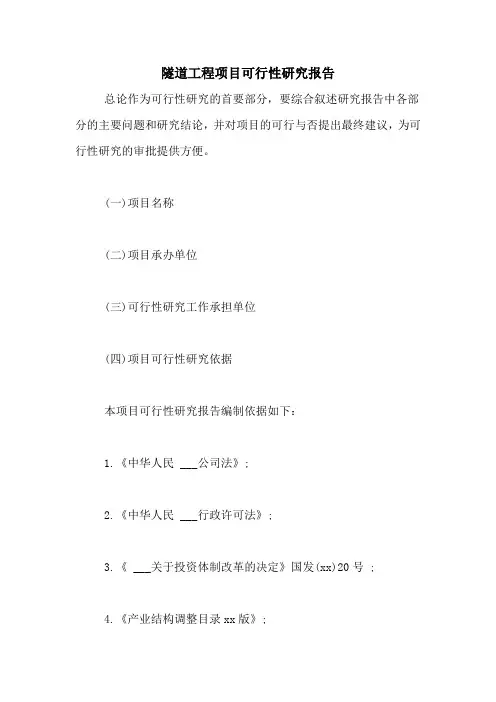 2021年隧道工程项目可行性研究报告
