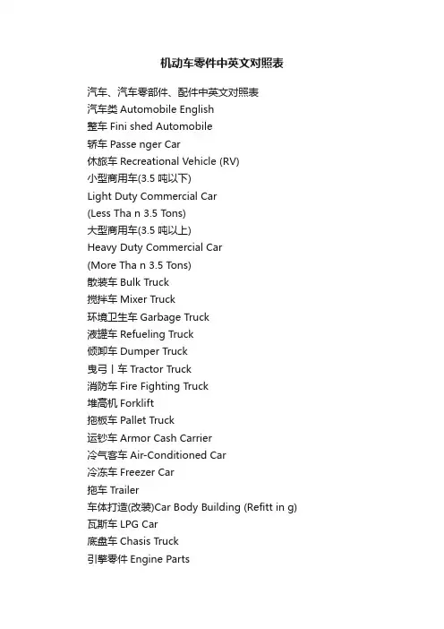 机动车零件中英文对照表