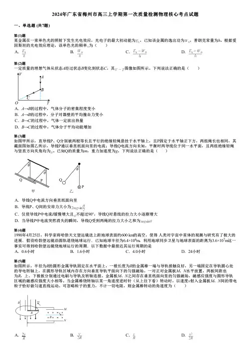 2024年广东省梅州市高三上学期第一次质量检测物理核心考点试题