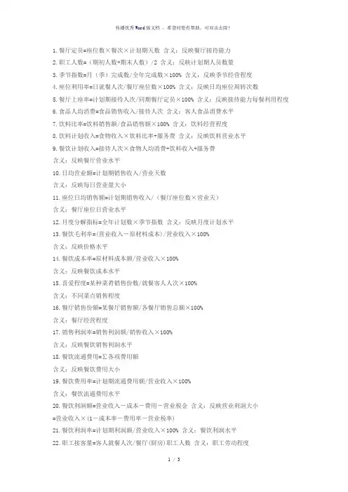 餐饮各项计算公式