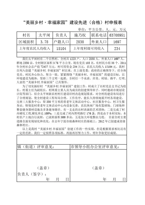 “美丽乡村·幸福家园”建设先进(合格)村申报表
