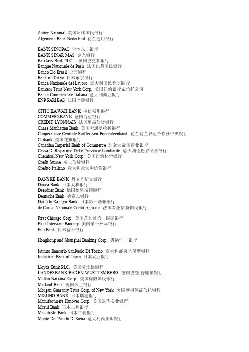 国外各大银行中英文名字对照