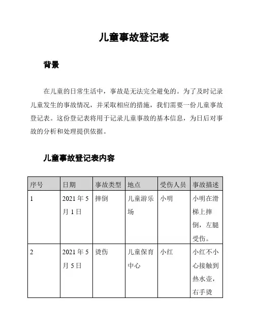 儿童事故登记表
