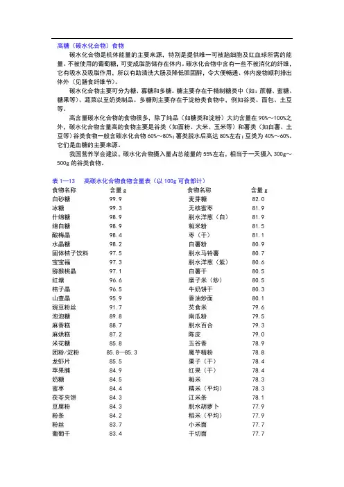 表 常见食物碳水化合物含量表