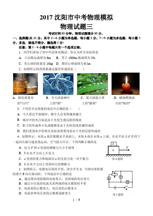 2017沈阳市中考物理模拟三