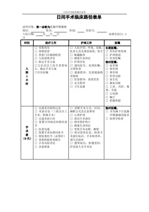 日间手术临床路径表单