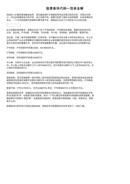 股票板块代码一览表全解