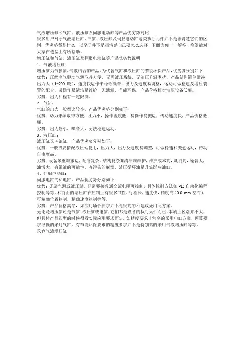 气液增压缸和气缸、液压缸及伺服电动缸等产品优劣势对比