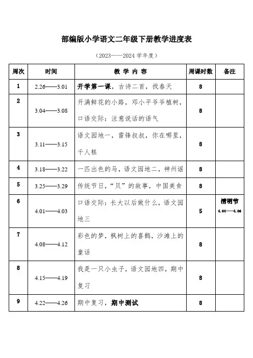 2024年春学期部编版小学语文二年级下册教学进度表
