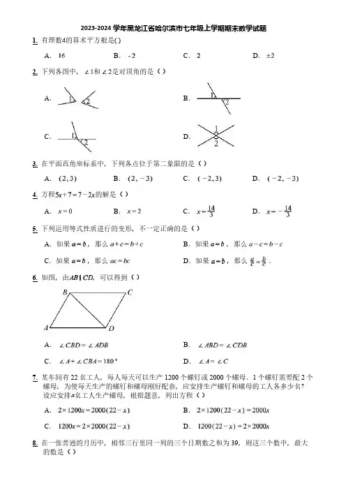 2023-2024学年黑龙江省哈尔滨市七年级上学期期末数学试题