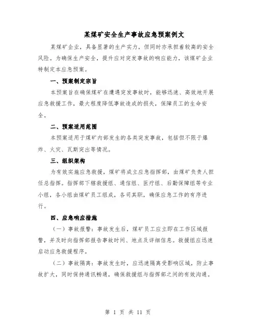 某煤矿安全生产事故应急预案例文（5篇）