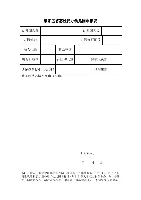 普惠性民办幼儿园申报表