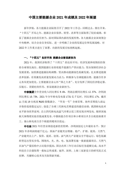 中国主要能源企业2021年成绩及2022年展望
