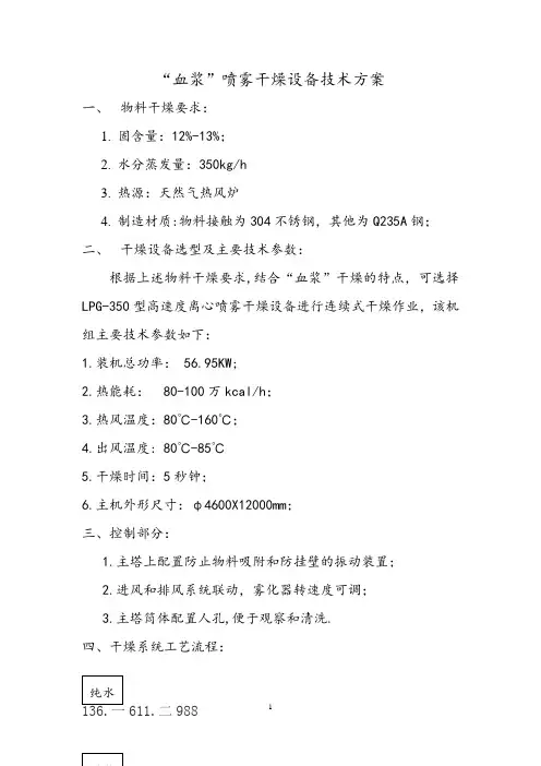 “血浆”喷雾干燥设备技术方案 LPG-350
