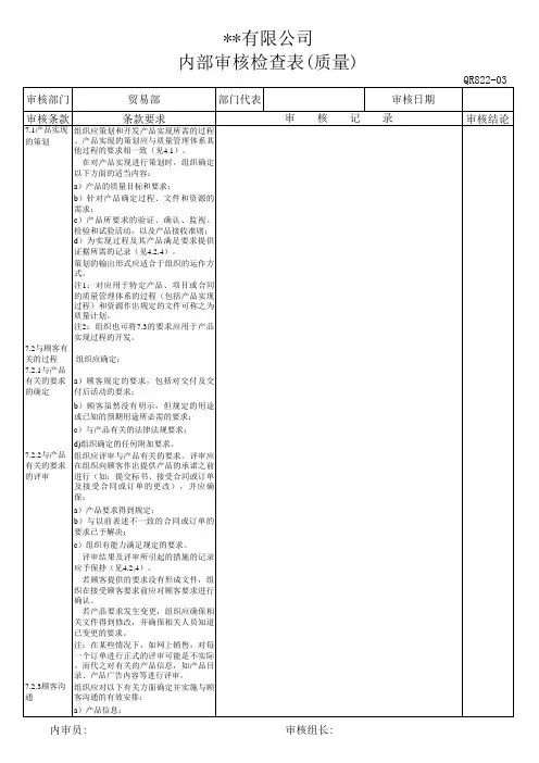 内部审核检查表(质量 )