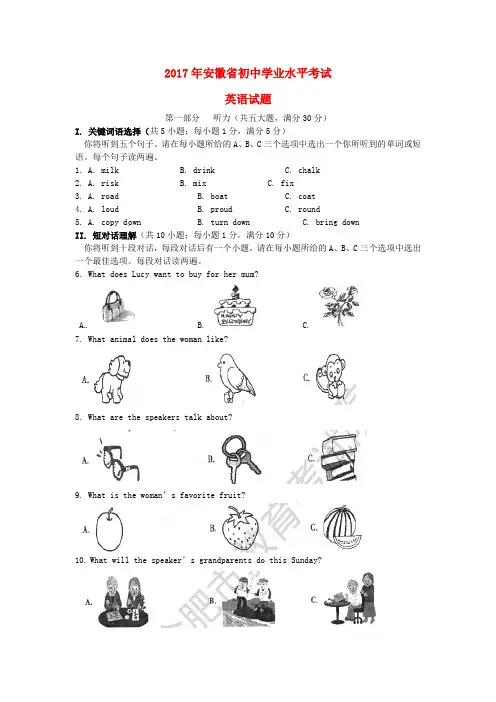 安徽省2017年中考英语真题试题(含答案)