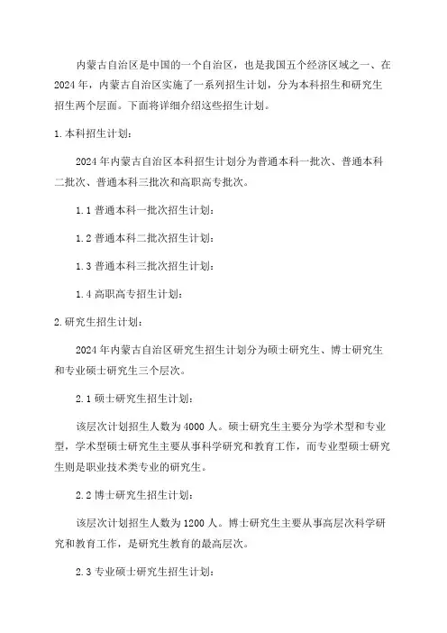 2024年内蒙古各批次详细招生计划