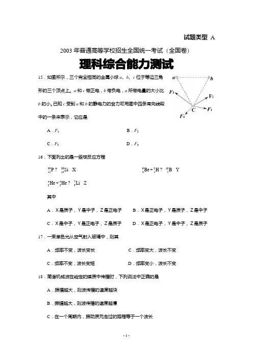 2003年全国高考物理试题(附答案)