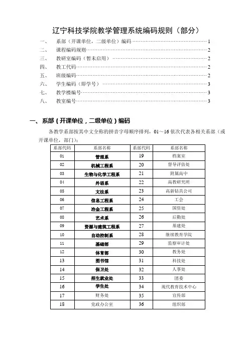 辽宁科技学院教学管理系统编码规则(部分)