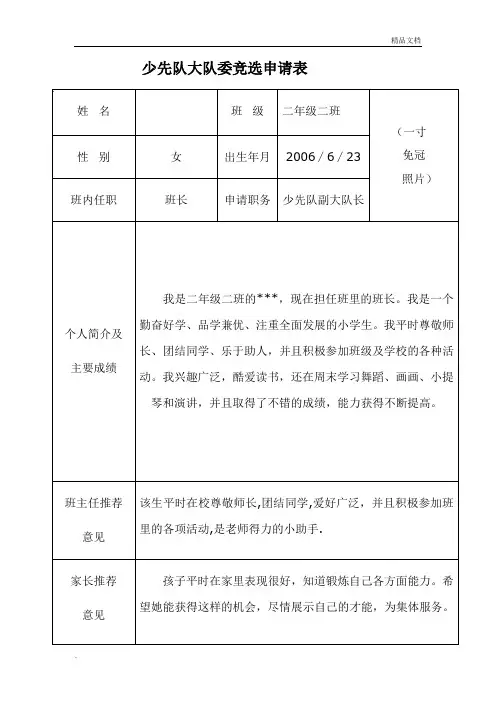 少先队大队委申请表