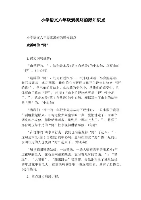 小学语文六年级索溪峪的野知识点
