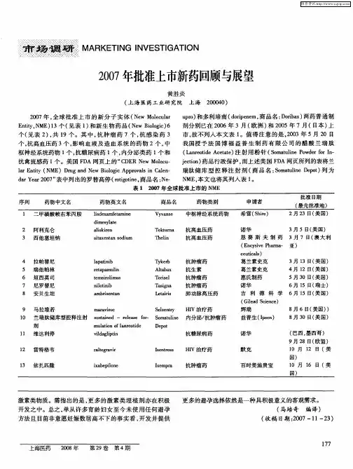 2007年批准上市新药回顾与展望
