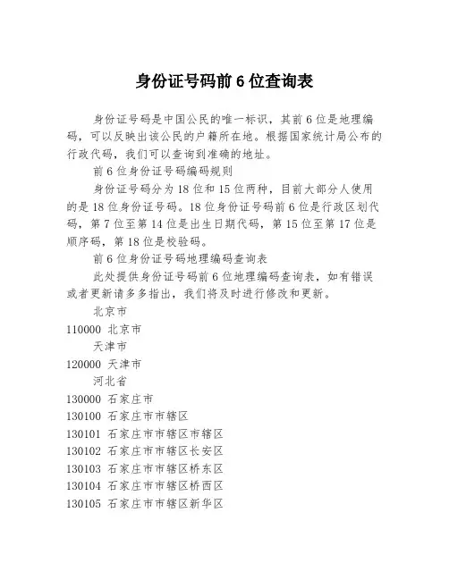身份证号码前6位查询表