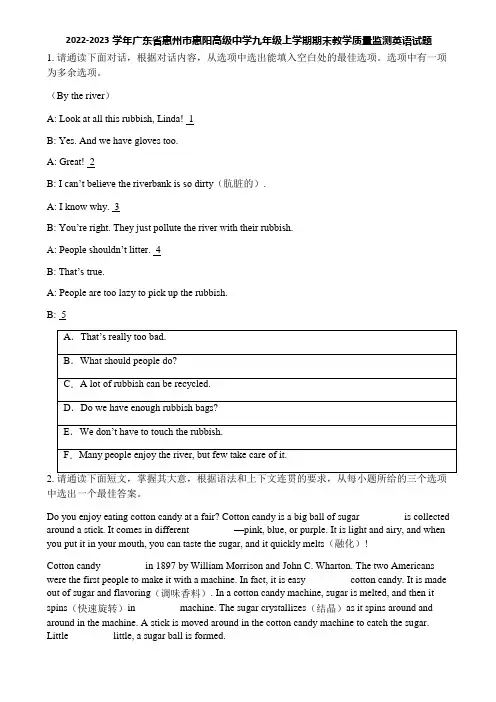 2022-2023学年广东省惠州市惠阳高级中学九年级上学期期末教学质量监测英语试题