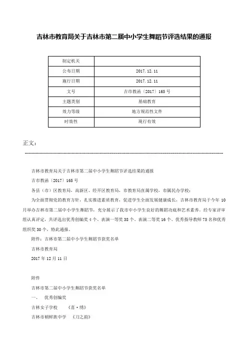 吉林市教育局关于吉林市第二届中小学生舞蹈节评选结果的通报-吉市教函〔2017〕165号