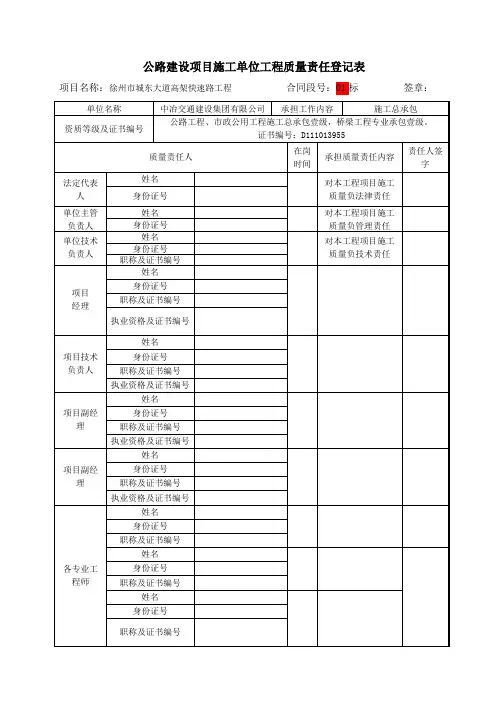 公路建设项目施工单位工程质量责任登记表(第1标段)