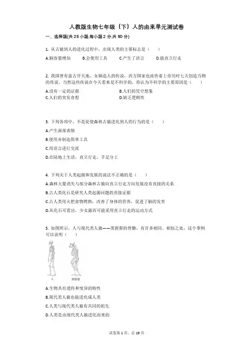 人教版-有答案-生物七年级(下)人的由来单元测试卷
