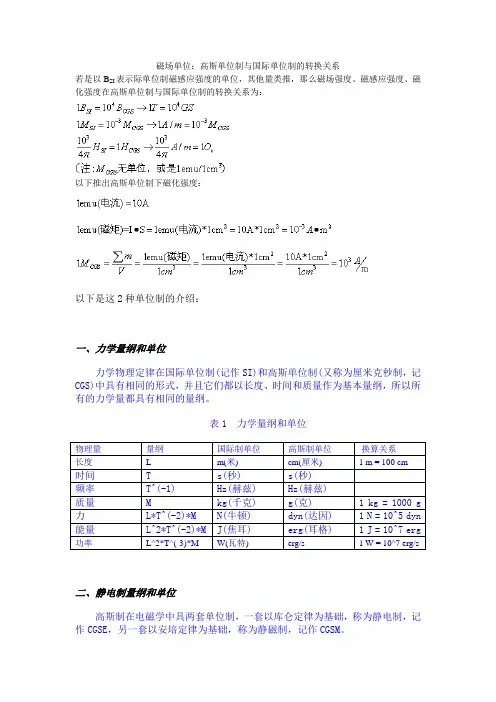 磁场单位：高斯单位制与国际单位制的转换关系