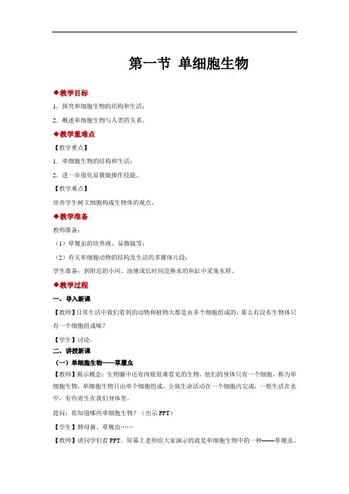 苏教版生物七年级上册：2.4.1单细胞生物-教案