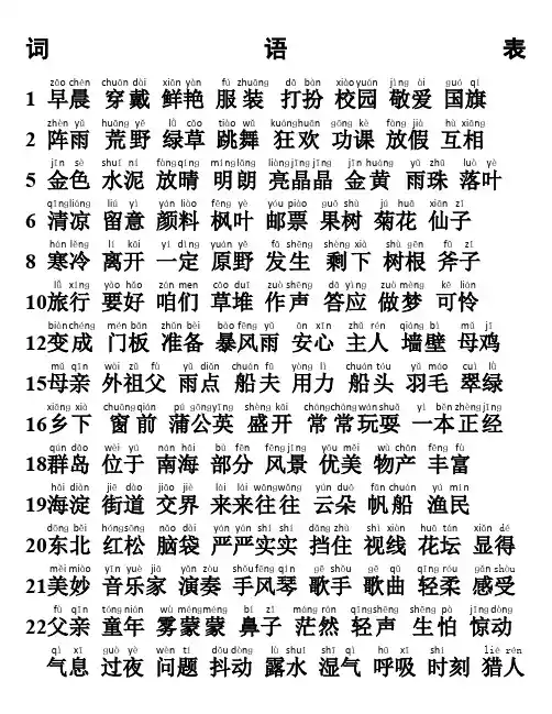 部编版三年级语文上册词语表拼音版