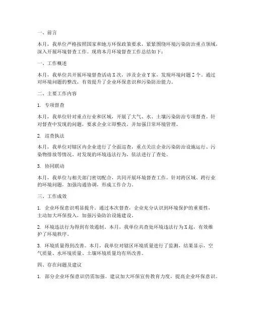 环境督查月报总结范文