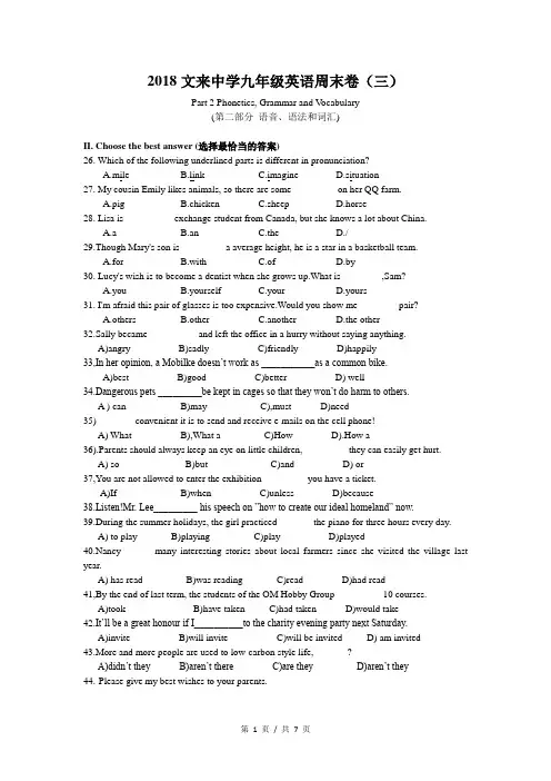 2018-2019学年文来中学九年级英语周末卷(三) 上海市 英语试卷