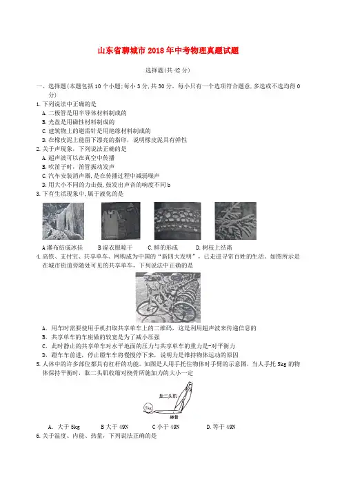 山东省聊城市2018年中考物理真题试题(无答案)