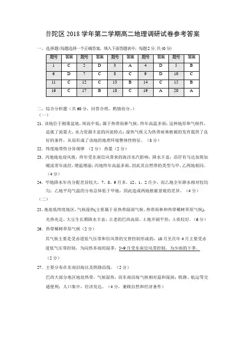 2019年普陀区高二地理等级考模拟试卷参考答案