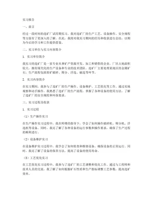 选矿厂试用期实习报告