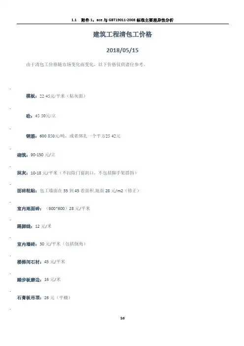 建筑工程清包工价格(2018年5月最新))