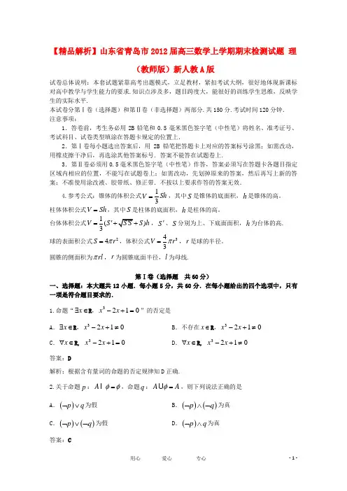 山东省青岛市高三数学上学期期末检测试题 理 (教师)新人教A