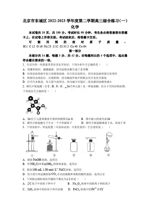 2023届北京市东城区高三下学期综合练习(一)化学试题及答案