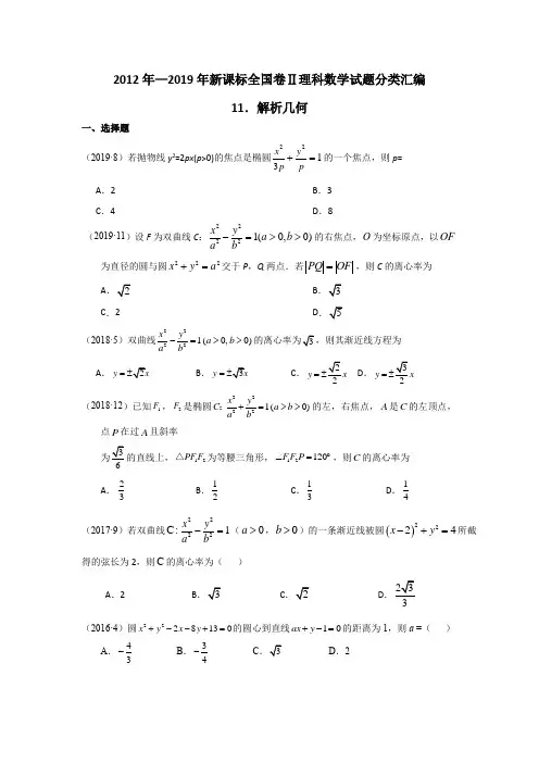 2011年-2019年全国二卷理科数学解析几何分类汇编