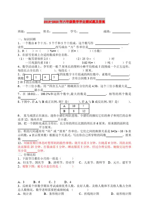 2019-2020年六年级数学毕业测试题及答案