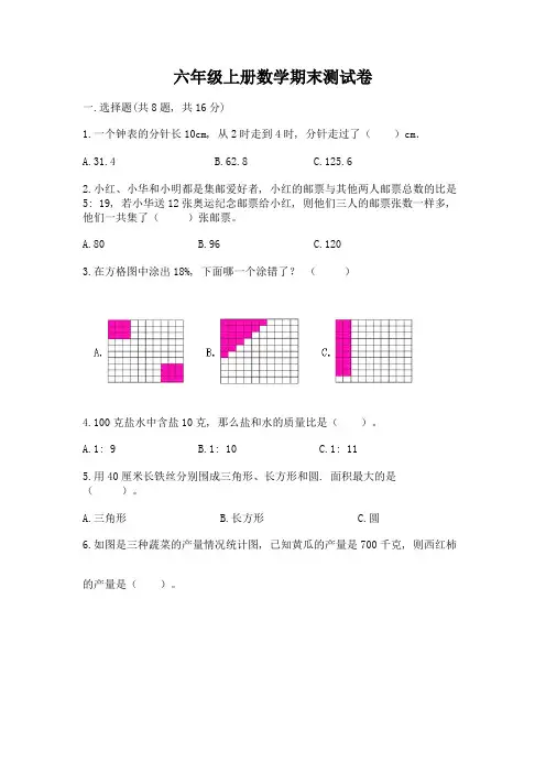 六年级上册数学期末测试卷附答案(考试直接用)