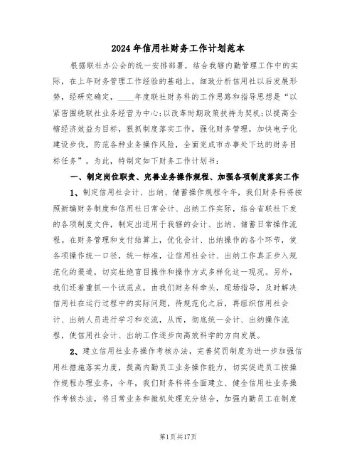 2024年信用社财务工作计划范本（5篇）